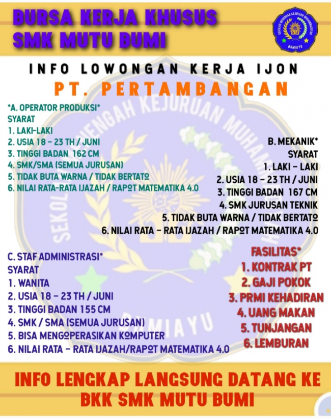 BKK SMK MUHAMMADIYAH BUMIAYU BUKA INFO LOKER UNTUK SISWA KELAS XII ( IJON )
